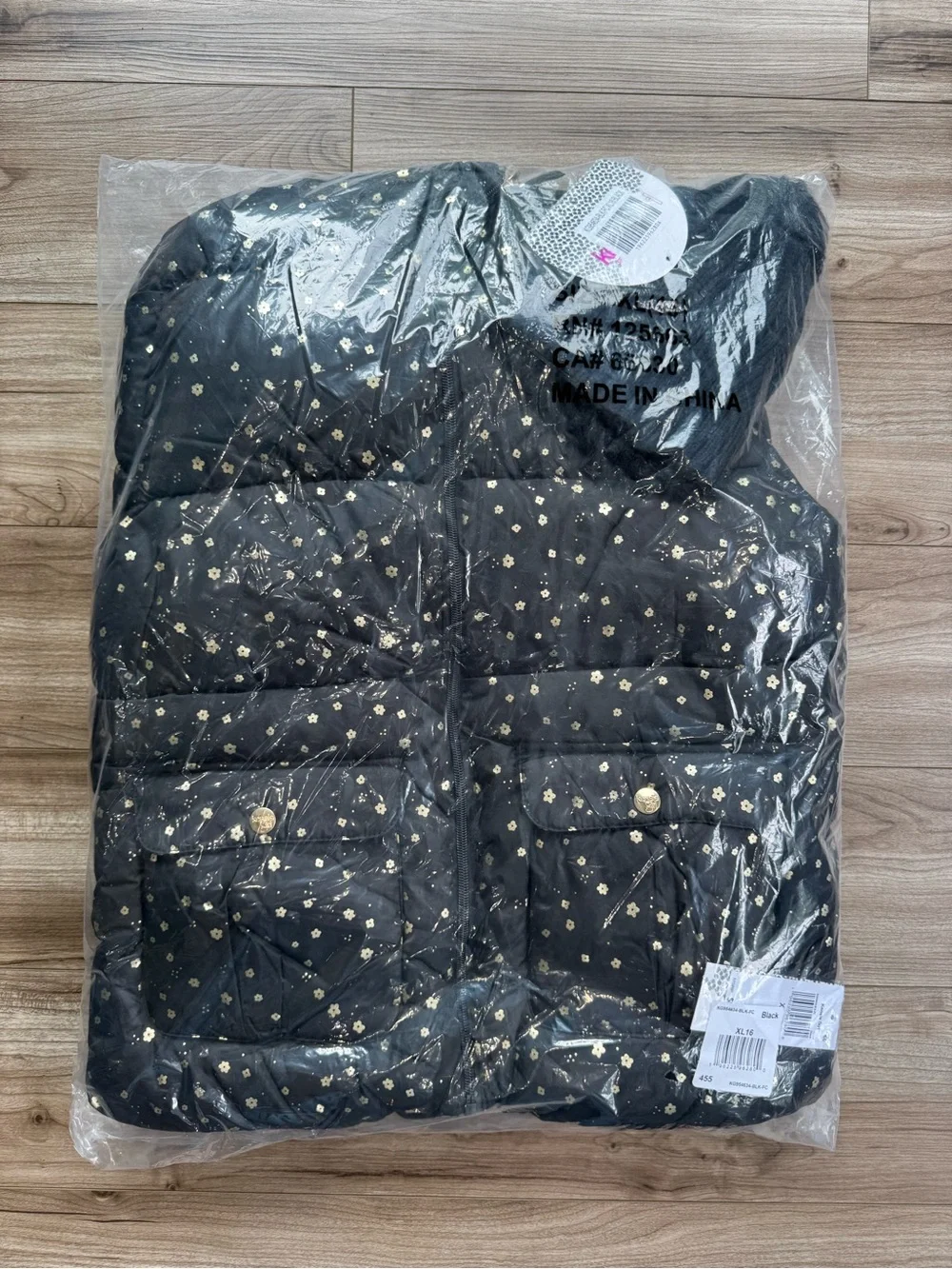 Kensie Girl puffer jacket winter coat size XL 16 Black gold floral print hood